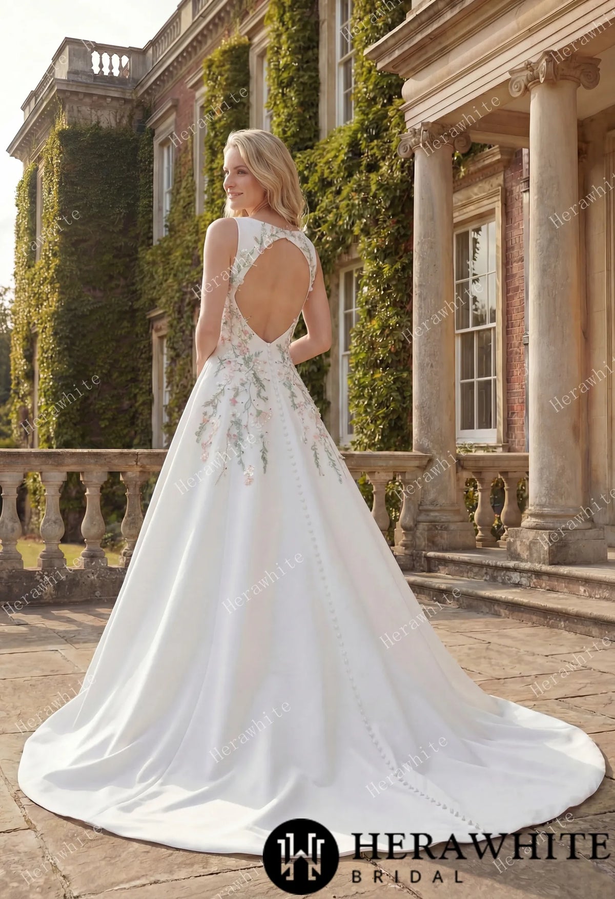 High Neck Satin Ballgown with Florals and Open Back HW3916