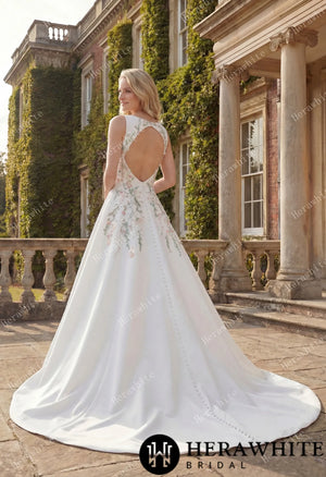 High Neck Satin Ballgown with Florals and Open Back HW3916