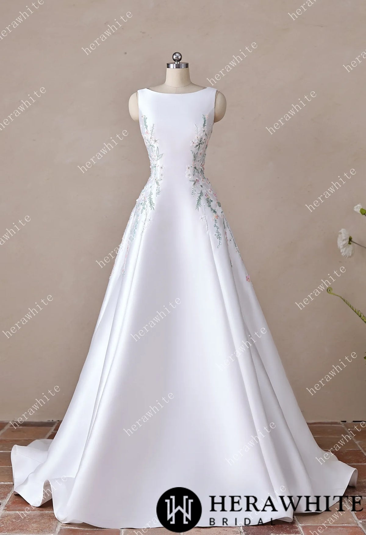 High Neck Satin Ballgown with Florals and Open Back HW3916