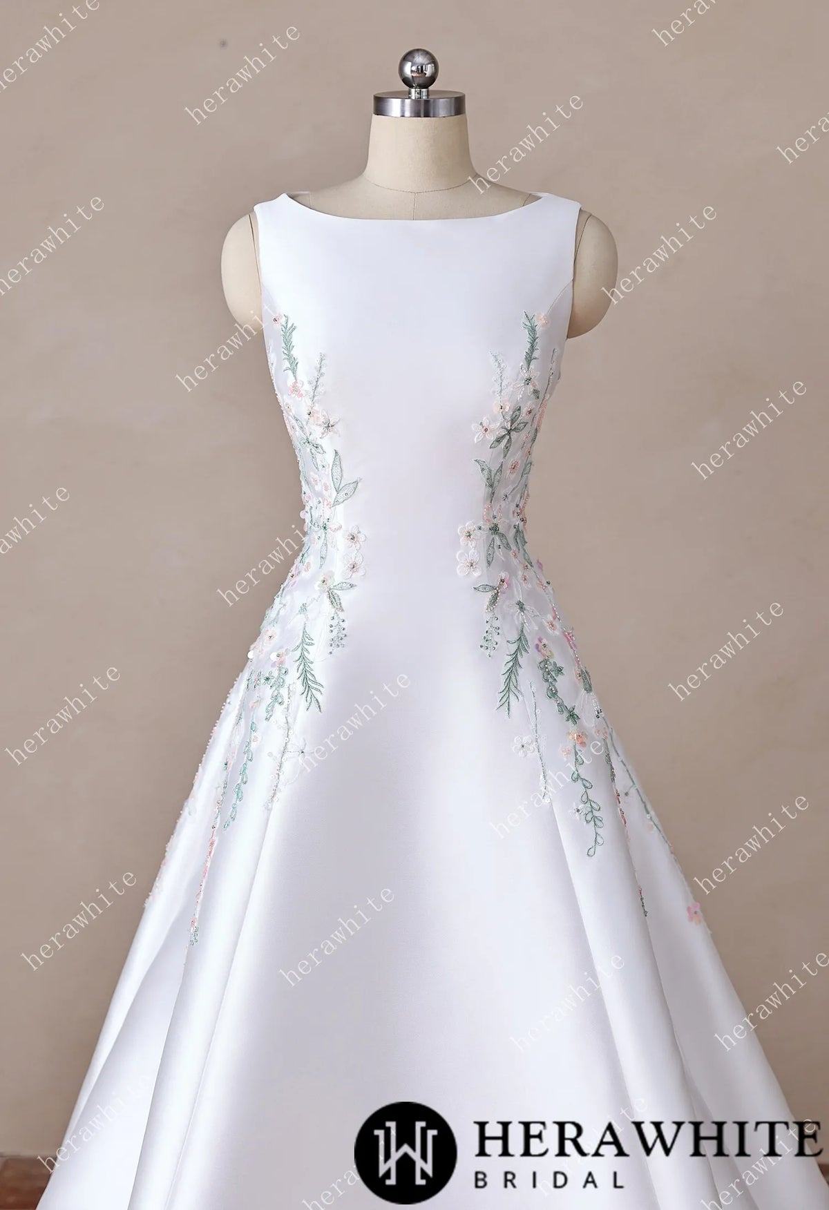 High Neck Satin Ballgown with Florals and Open Back HW3916