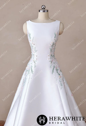 High Neck Satin Ballgown with Florals and Open Back HW3916