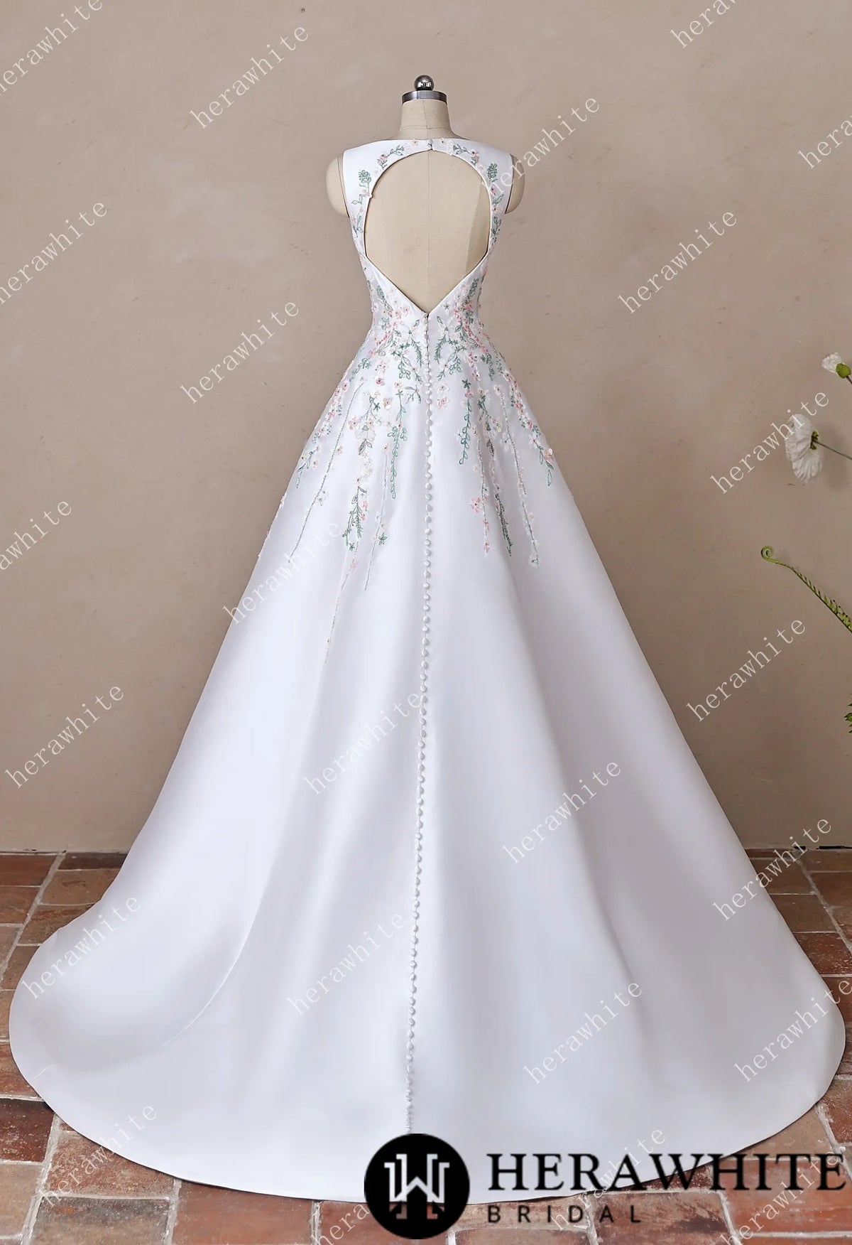 High Neck Satin Ballgown with Florals and Open Back HW3916