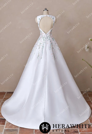 High Neck Satin Ballgown with Florals and Open Back HW3916