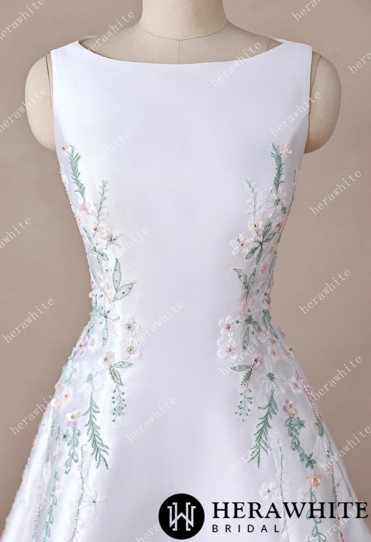 High Neck Satin Ballgown with Florals and Open Back HW3916