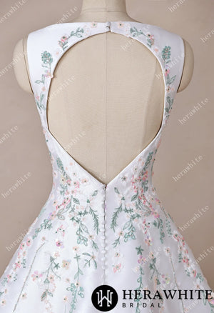 High Neck Satin Ballgown with Florals and Open Back HW3916