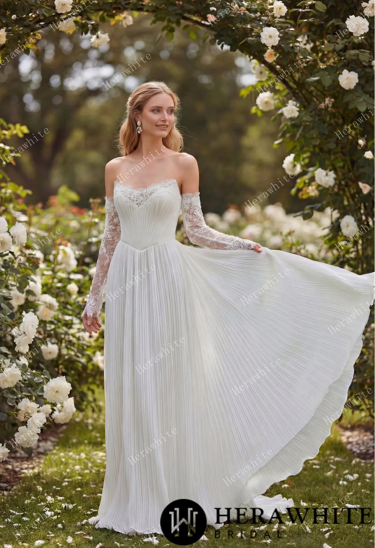 Fluid Pleated Chiffon Bridal Gown with Detachable Lace Sleeves HW3917