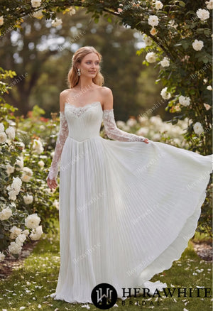 Fluid Pleated Chiffon Bridal Gown with Detachable Lace Sleeves HW3917