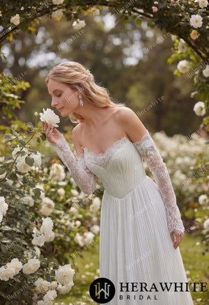 Fluid Pleated Chiffon Bridal Gown with Detachable Lace Sleeves HW3917