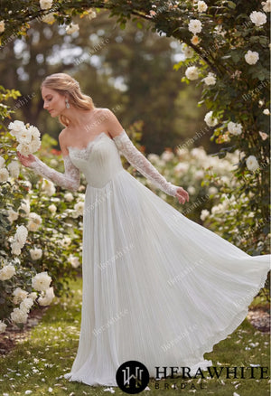 Fluid Pleated Chiffon Bridal Gown with Detachable Lace Sleeves HW3917