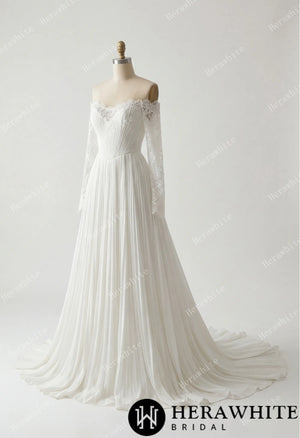 Fluid Pleated Chiffon Bridal Gown with Detachable Lace Sleeves HW3917