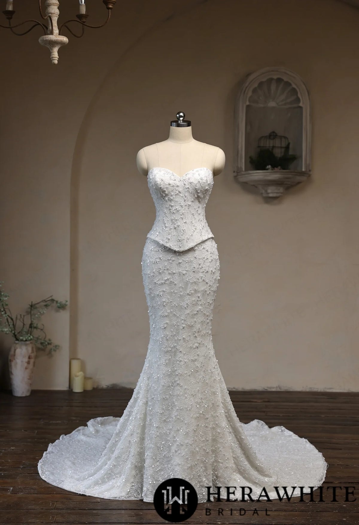 Sweetheart Fit-and-Flare Beaded Lace Wedding Dress HW3942 A+B