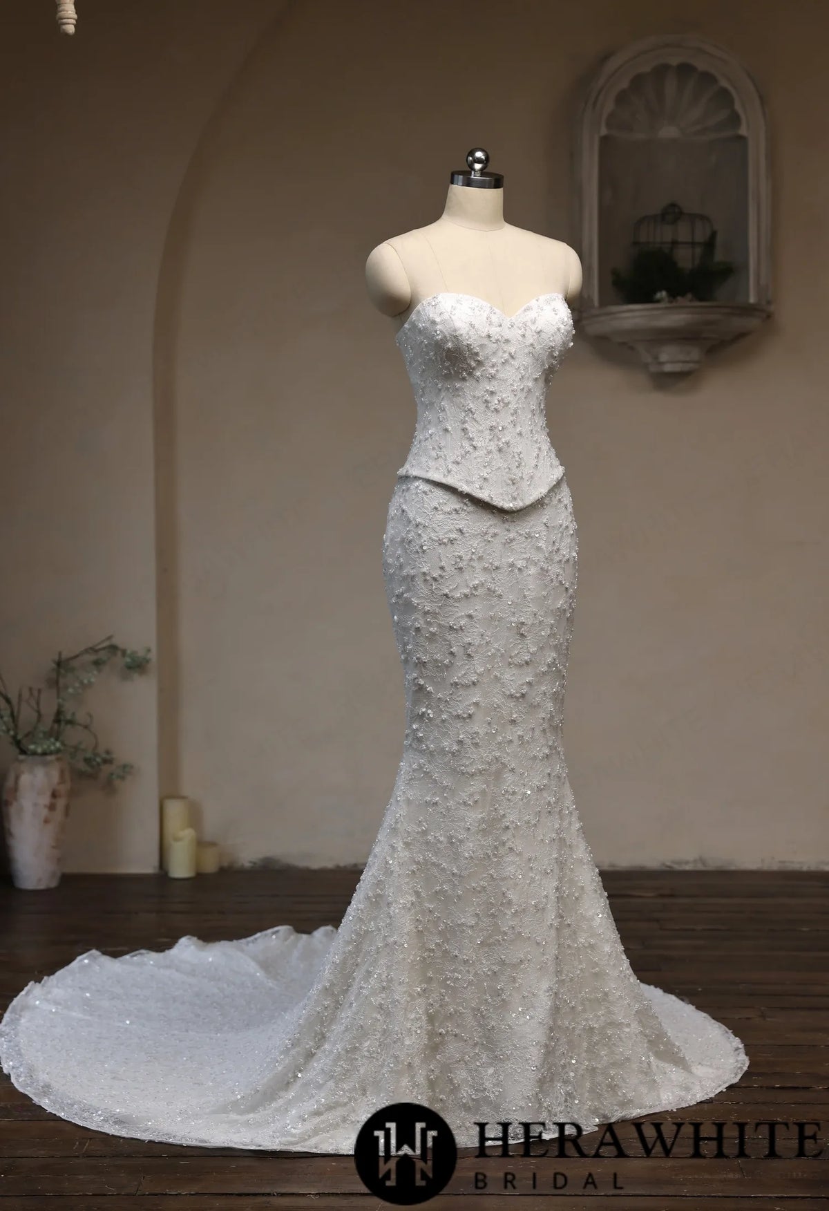 Sweetheart Fit-and-Flare Beaded Lace Wedding Dress HW3942 A+B