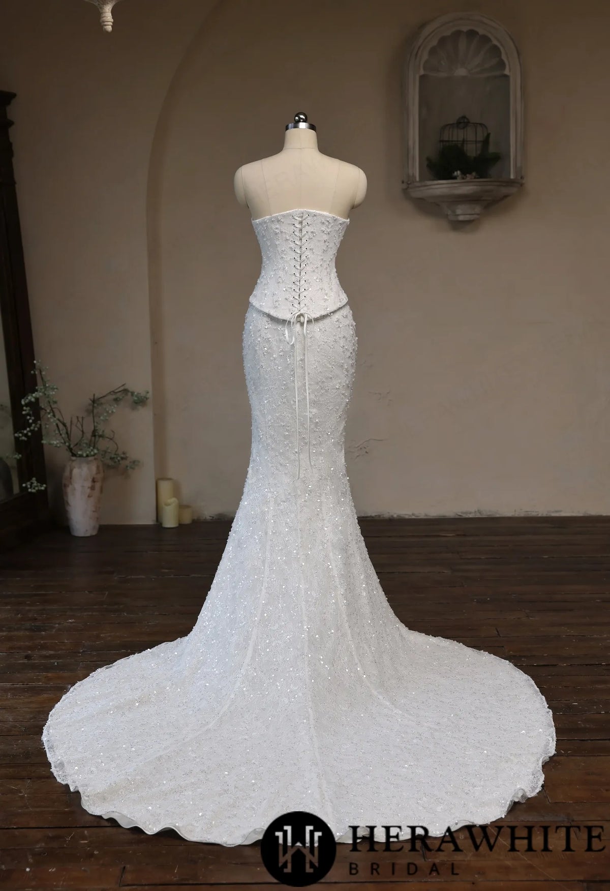 Sweetheart Fit-and-Flare Beaded Lace Wedding Dress HW3942 A+B