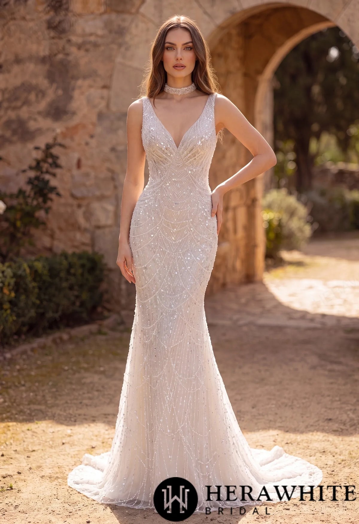 Deep-V Mermaid Beaded Lace Wedding Dress with Choker HW3967