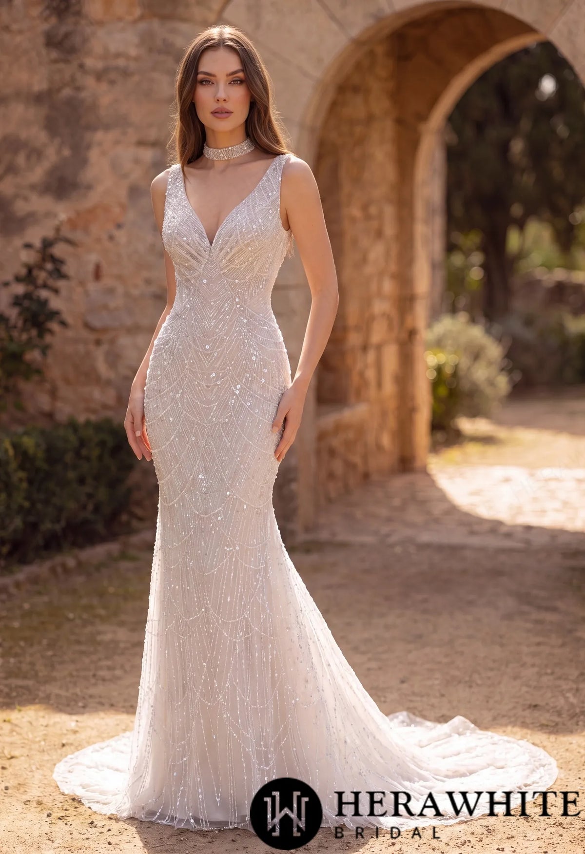 Deep-V Mermaid Beaded Lace Wedding Dress with Choker HW3967