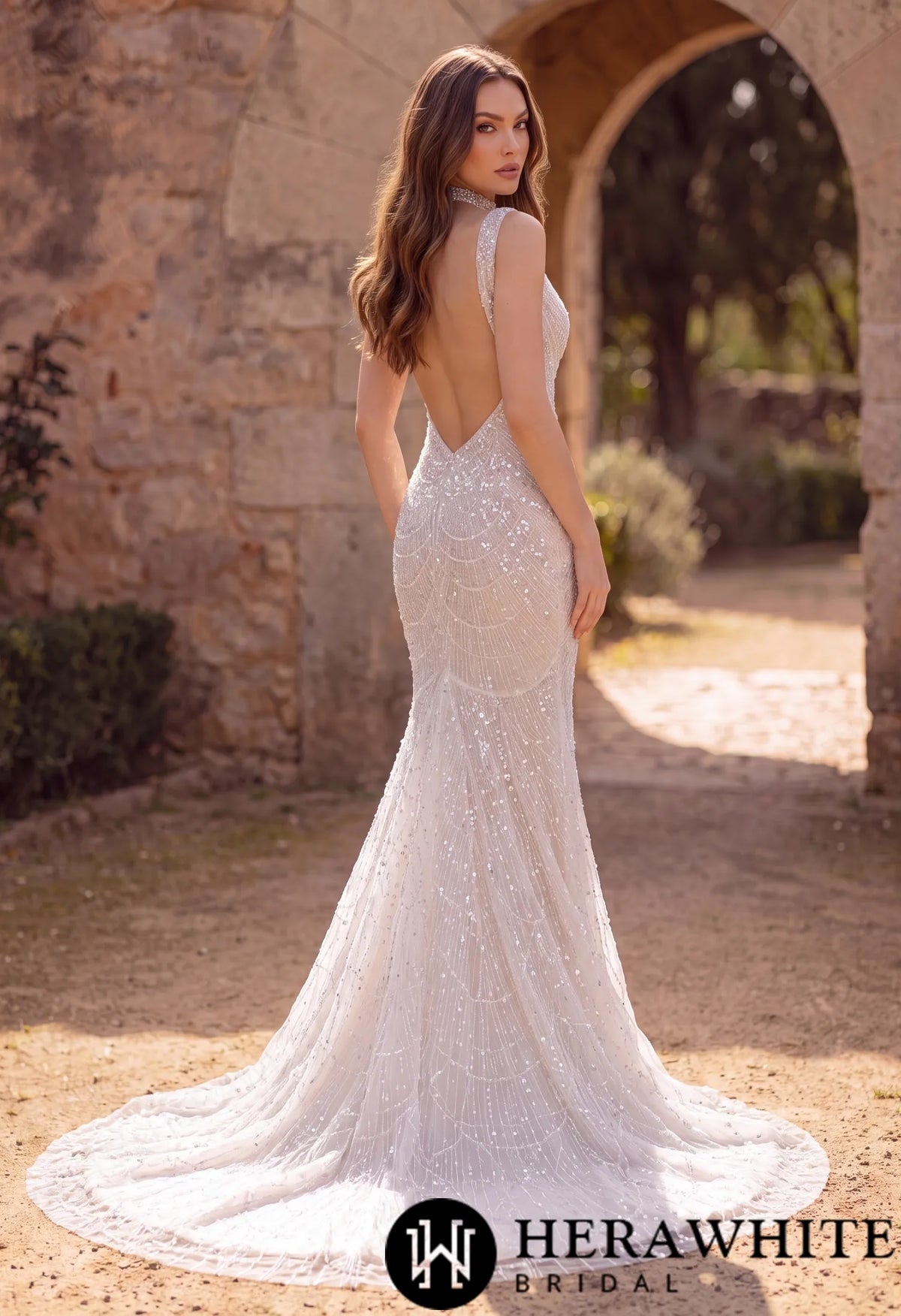 Deep-V Mermaid Beaded Lace Wedding Dress with Choker HW3967