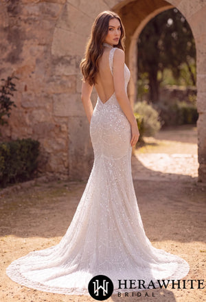 Deep-V Mermaid Beaded Lace Wedding Dress with Choker HW3967