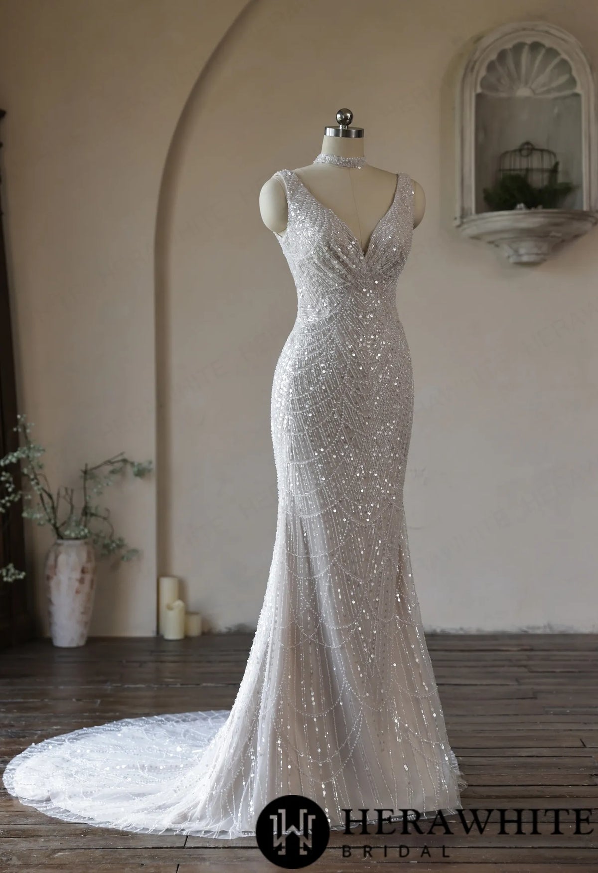 Deep-V Mermaid Beaded Lace Wedding Dress with Choker HW3967