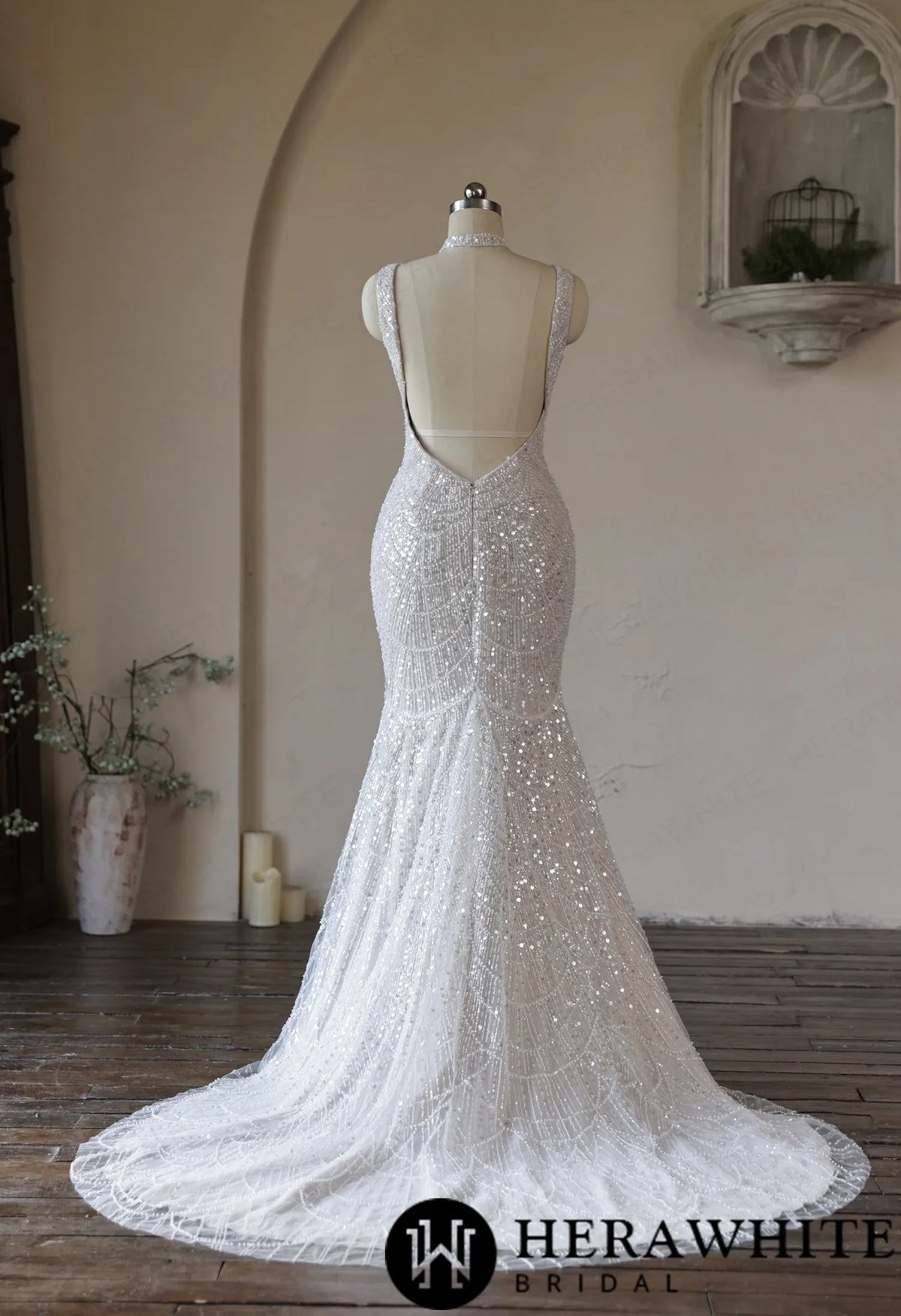 Deep-V Mermaid Beaded Lace Wedding Dress with Choker HW3967