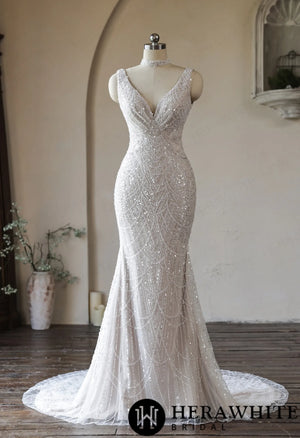 Deep-V Mermaid Beaded Lace Wedding Dress with Choker HW3967
