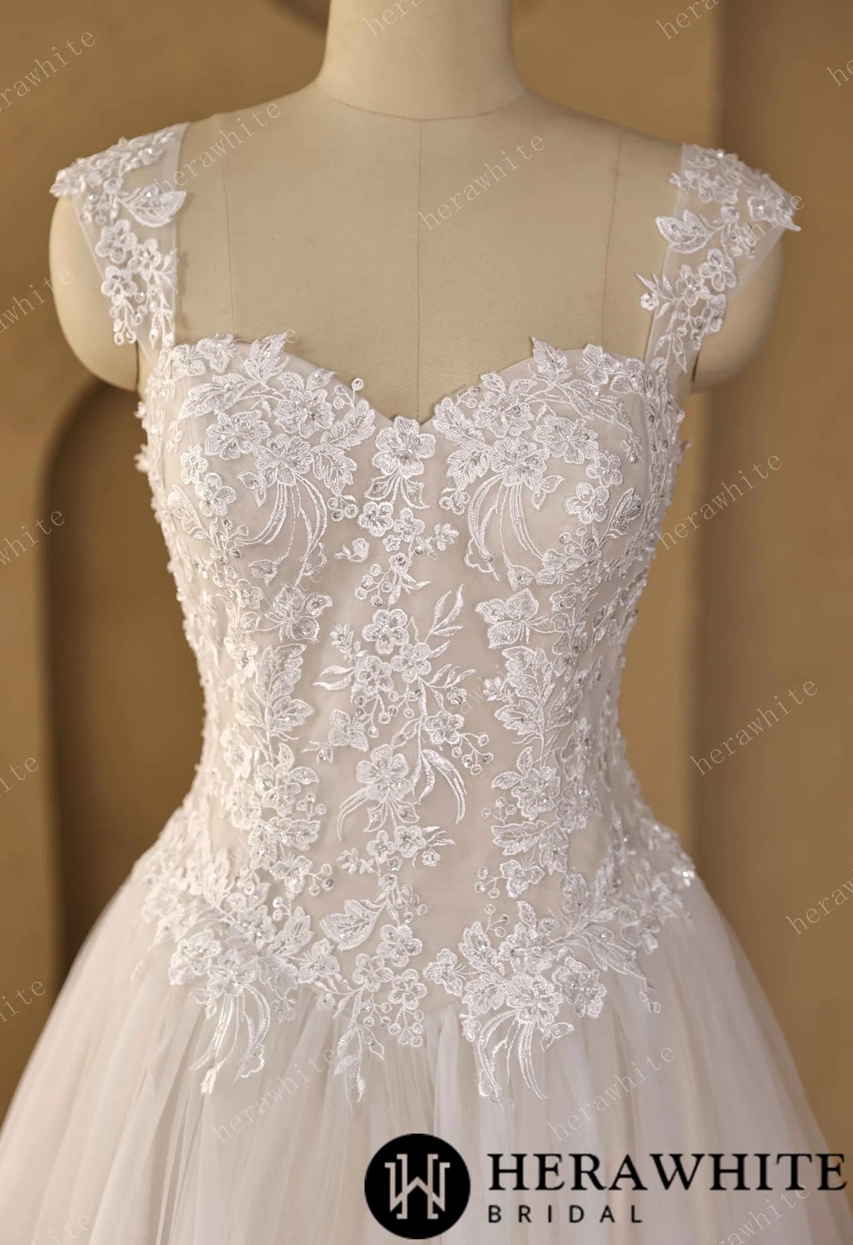 Sweetheart Floral Lace Ball Gown With Illusion Straps & Corset Back HW3977