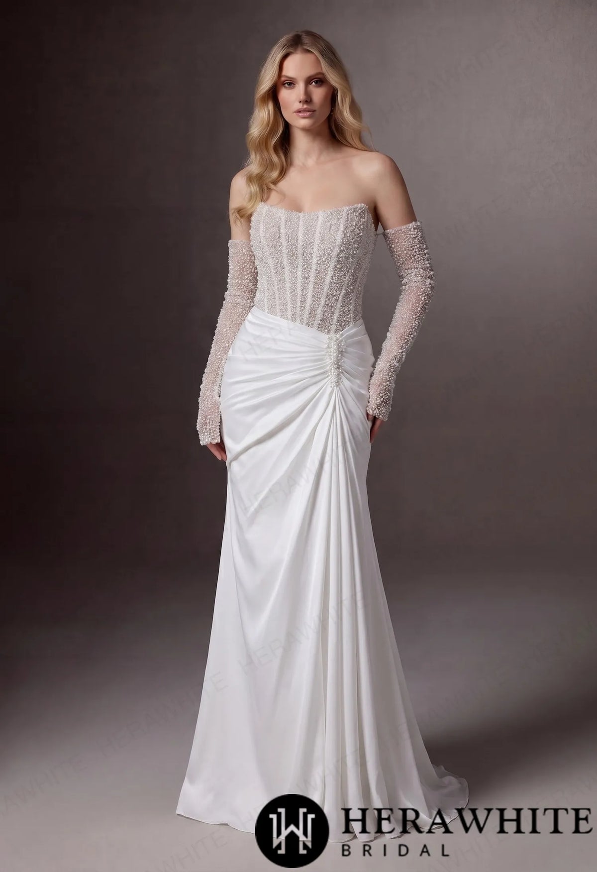 Strapless Beaded Corset Mermaid Wedding Gown with Detachable Long Sleeves HW3987