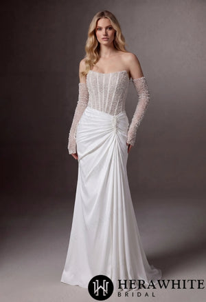 Strapless Beaded Corset Mermaid Wedding Gown with Detachable Long Sleeves HW3987