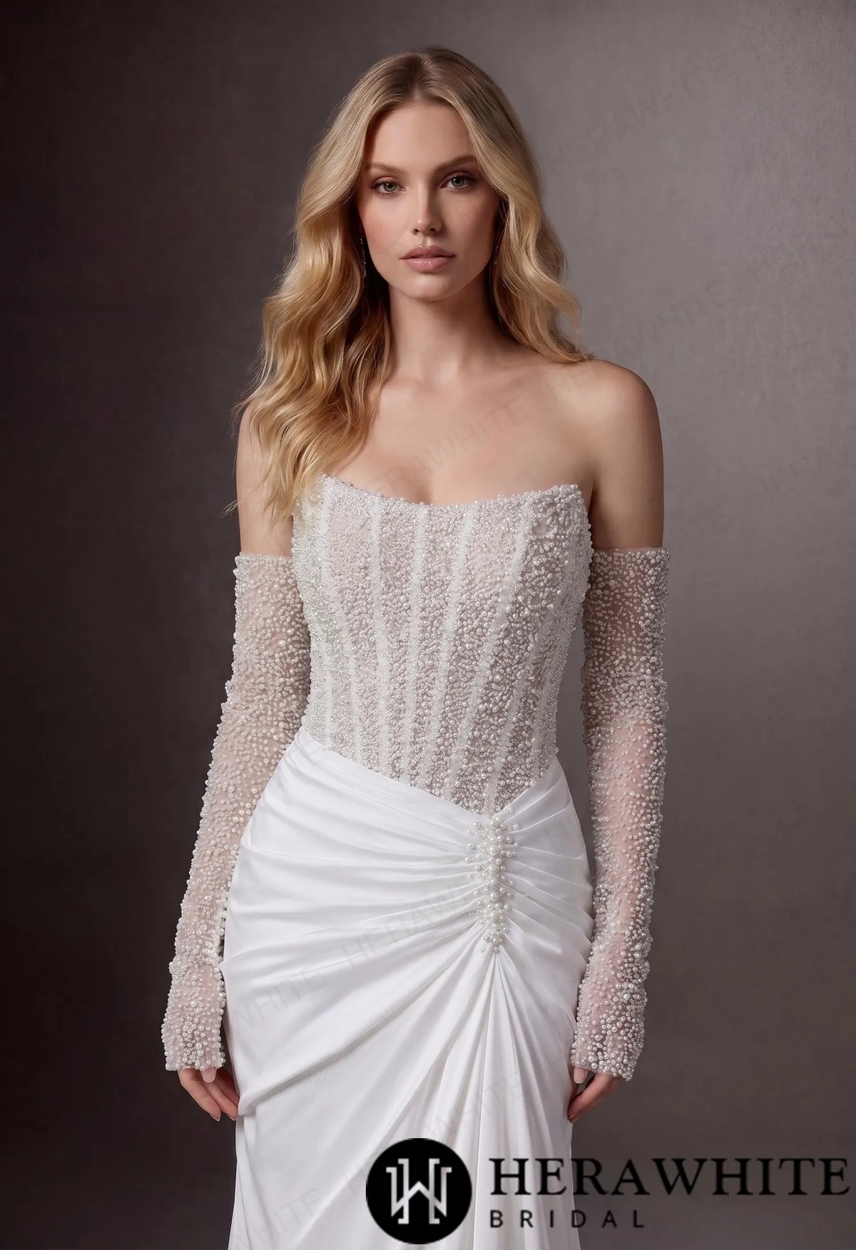 Strapless Beaded Corset Mermaid Wedding Gown with Detachable Long Sleeves HW3987