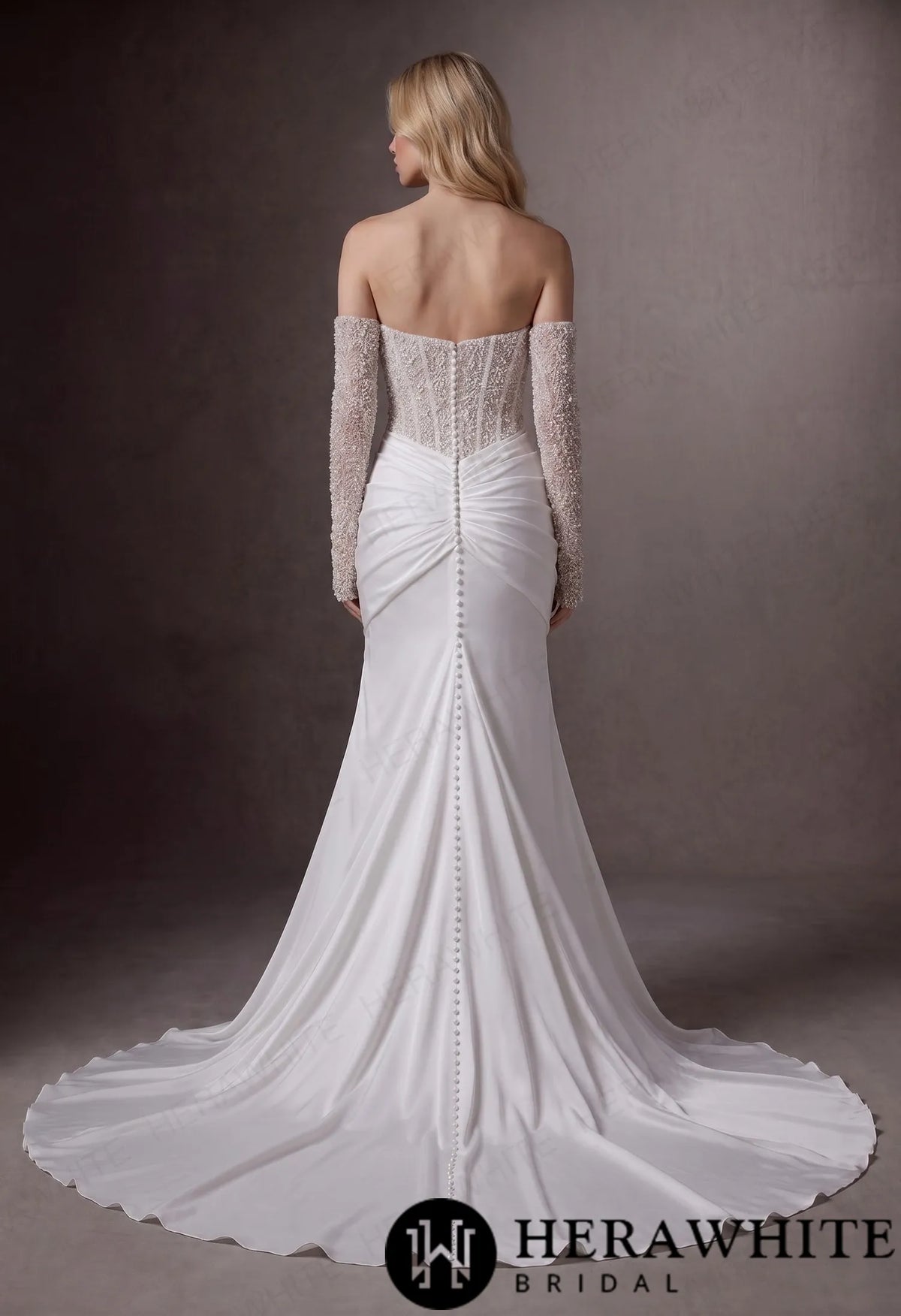 Strapless Beaded Corset Mermaid Wedding Gown with Detachable Long Sleeves HW3987