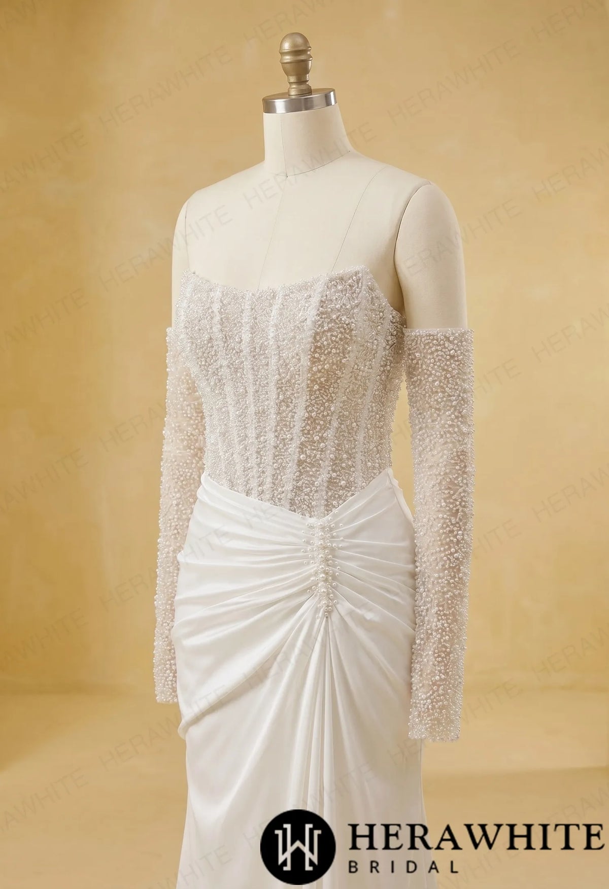 Strapless Beaded Corset Mermaid Wedding Gown with Detachable Long Sleeves HW3987