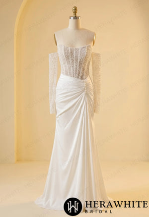 Strapless Beaded Corset Mermaid Wedding Gown with Detachable Long Sleeves HW3987