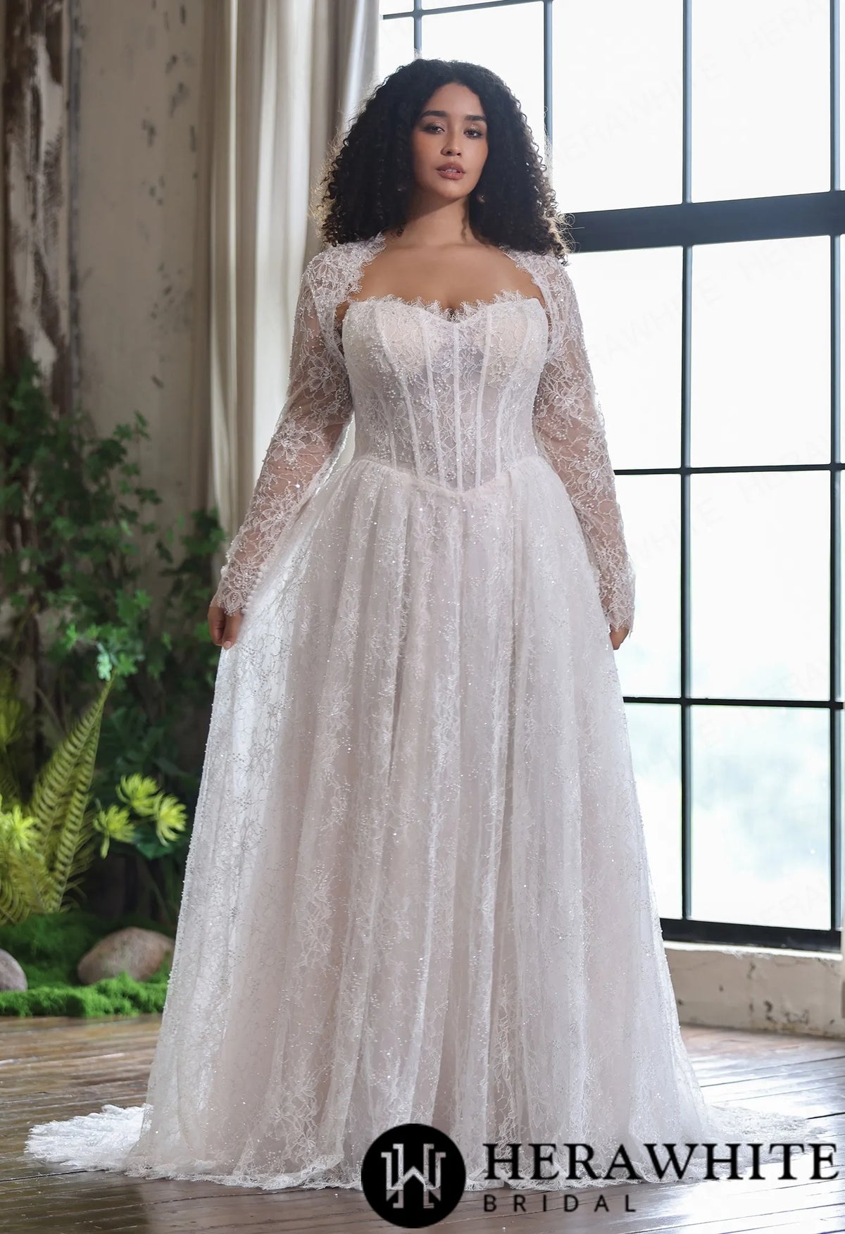 Sparkle Chantilly Lace Sweetheart  A-Line Gown with Basque Waistline HW4058