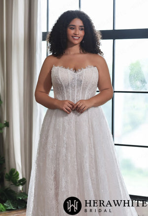 Sparkle Chantilly Lace Sweetheart  A-Line Gown with Basque Waistline HW4058