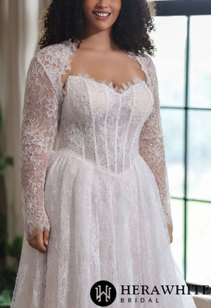 Sparkle Chantilly Lace Sweetheart  A-Line Gown with Basque Waistline HW4058