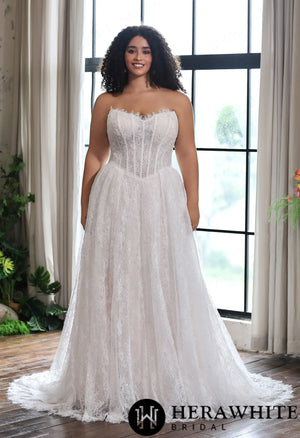 Sparkle Chantilly Lace Sweetheart  A-Line Gown with Basque Waistline HW4058