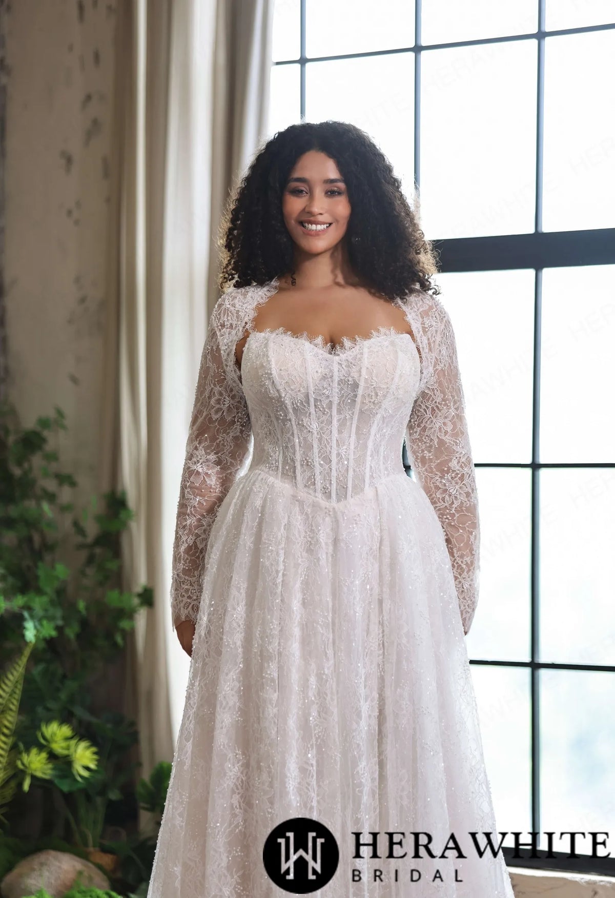 Sparkle Chantilly Lace Sweetheart  A-Line Gown with Basque Waistline HW4058