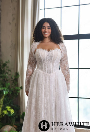 Sparkle Chantilly Lace Sweetheart  A-Line Gown with Basque Waistline HW4058