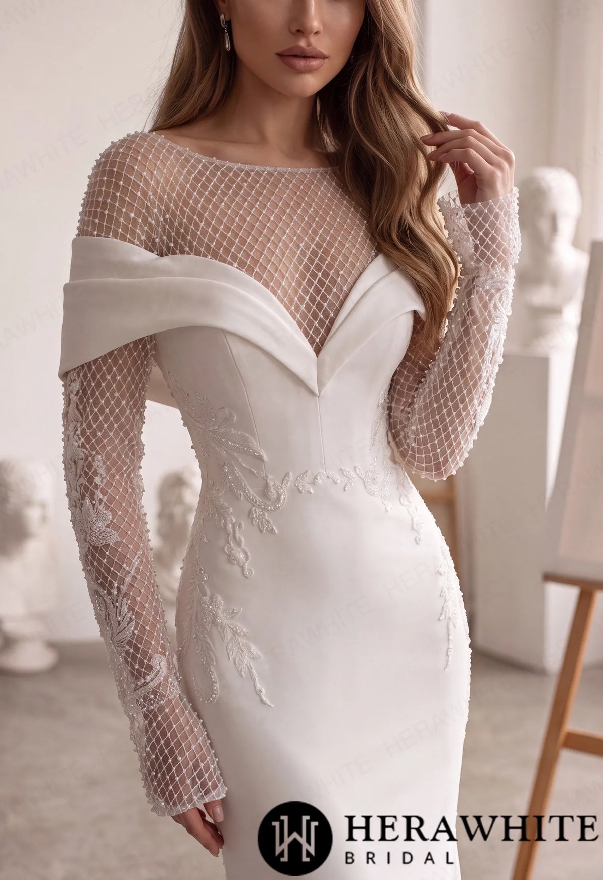 Off-Shoulder Fit-and-Flare Crepe Wedding Dress HW4096