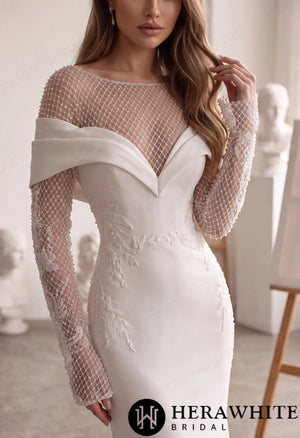 Off-Shoulder Fit-and-Flare Crepe Wedding Dress HW4096