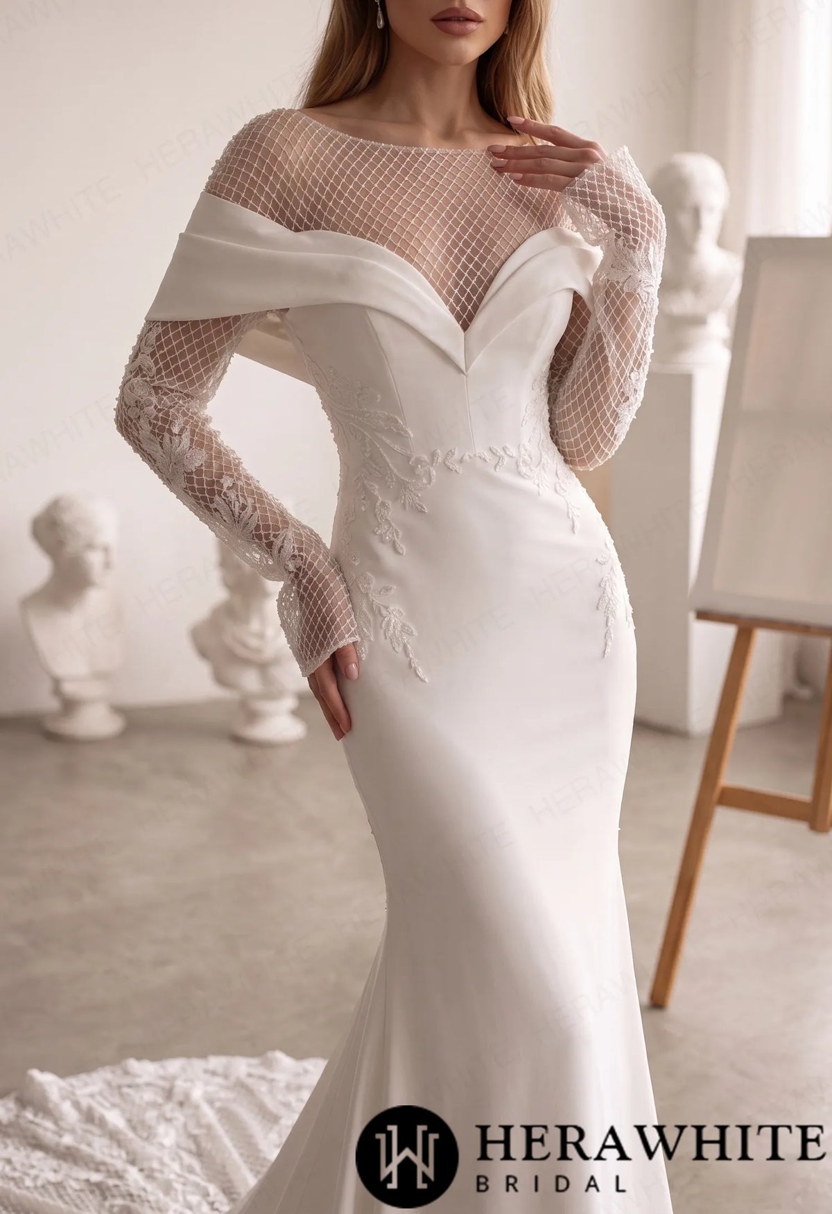 Off-Shoulder Fit-and-Flare Crepe Wedding Dress HW4096