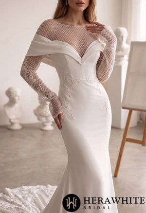 Off-Shoulder Fit-and-Flare Crepe Wedding Dress HW4096