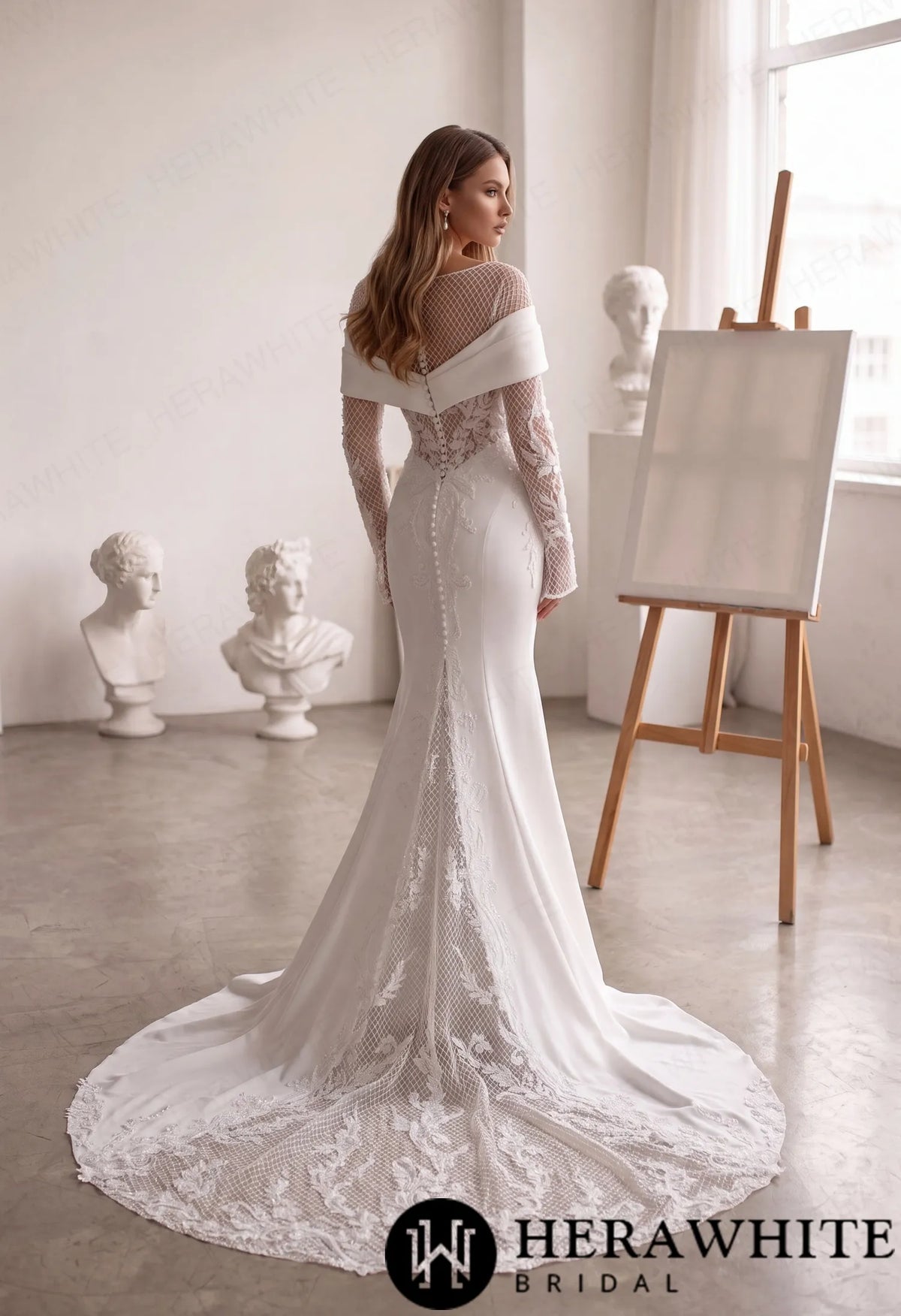 Off-Shoulder Fit-and-Flare Crepe Wedding Dress HW4096