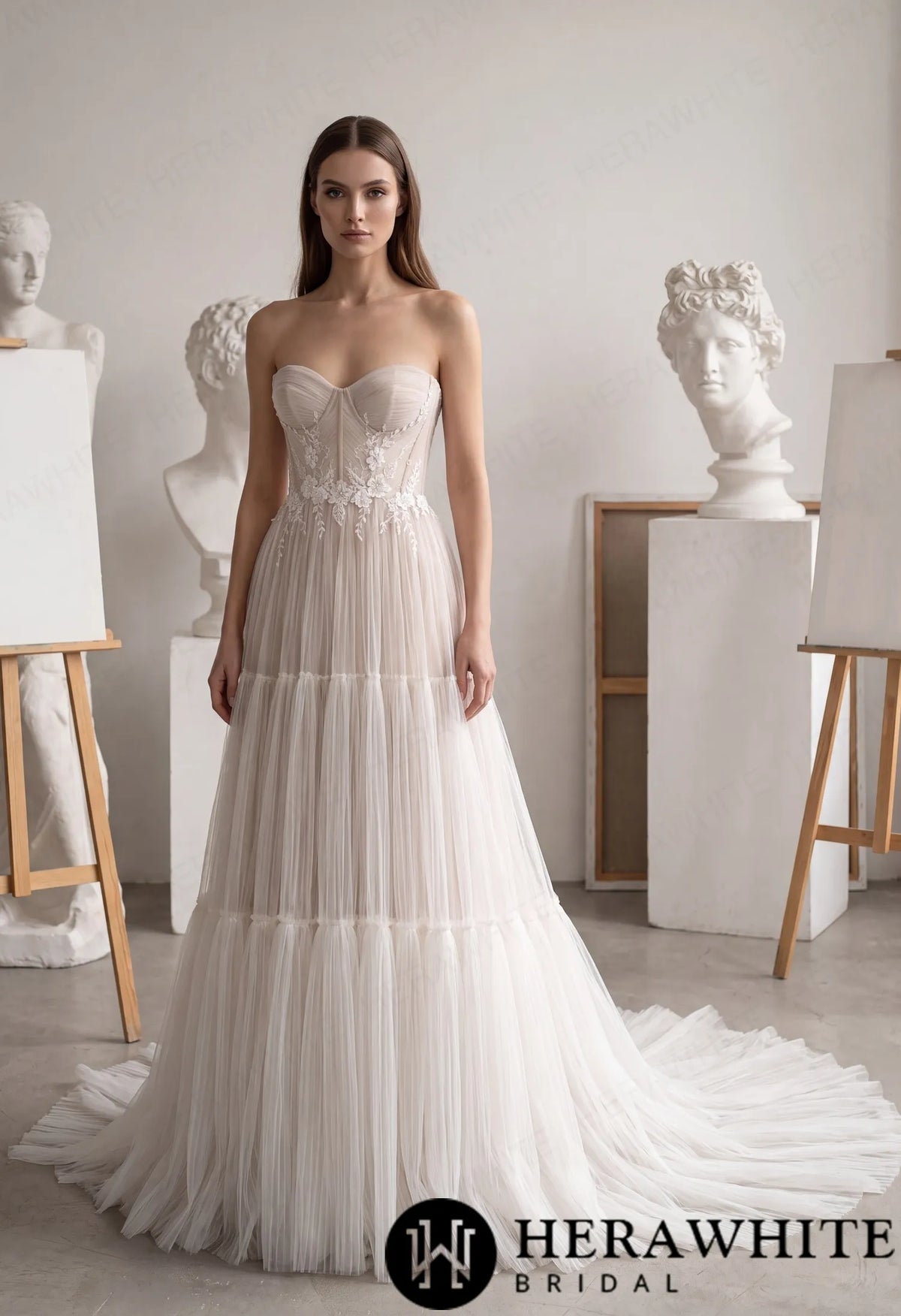 Tiered A-Line Tulle Wedding Dress with Floral Lace HW4097