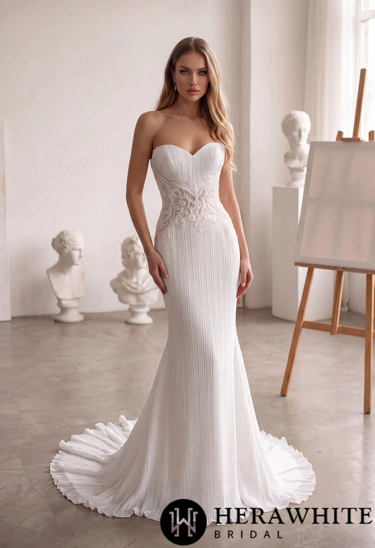 Strapless Mermaid Wedding Gown - Crushed Chiffon Lace HW4098