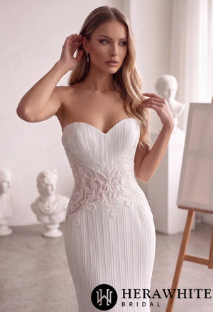 Strapless Mermaid Wedding Gown - Crushed Chiffon Lace HW4098