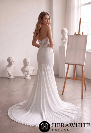 Strapless Mermaid Wedding Gown - Crushed Chiffon Lace HW4098