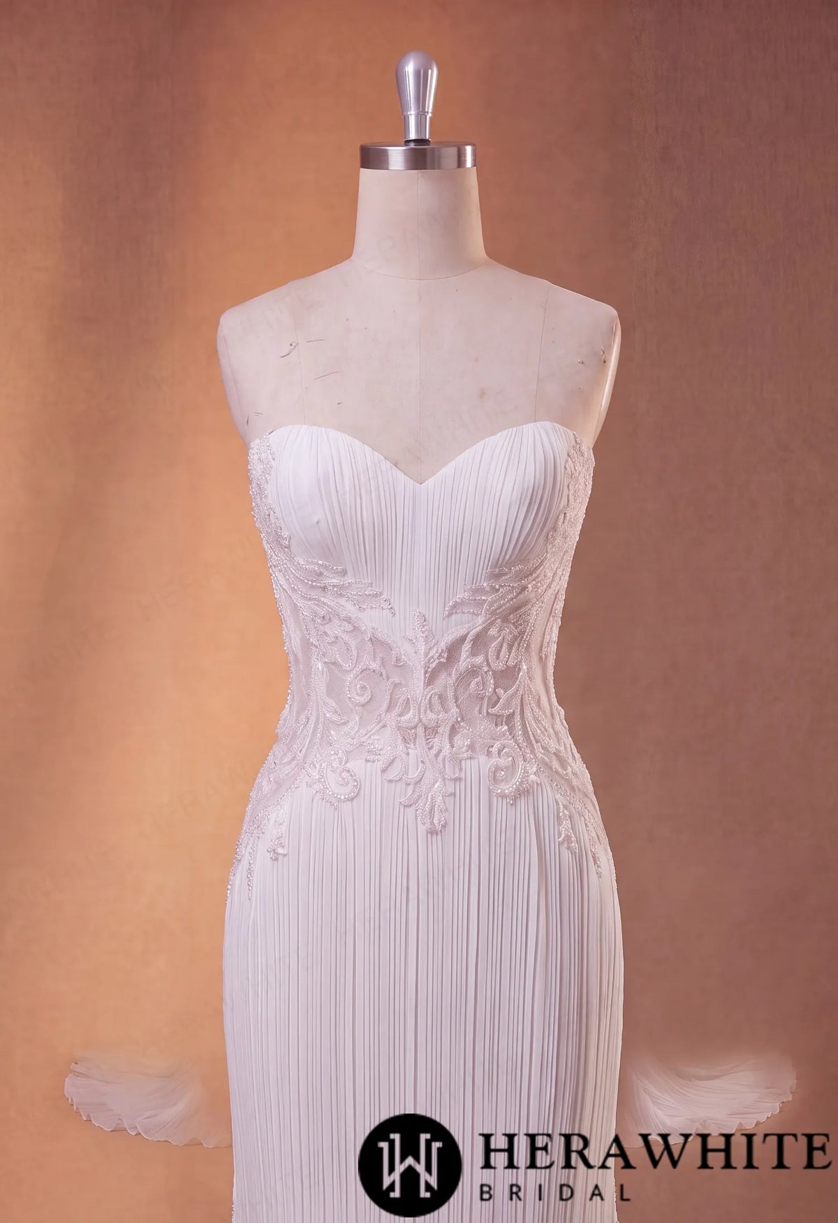 Strapless Mermaid Wedding Gown - Crushed Chiffon Lace HW4098