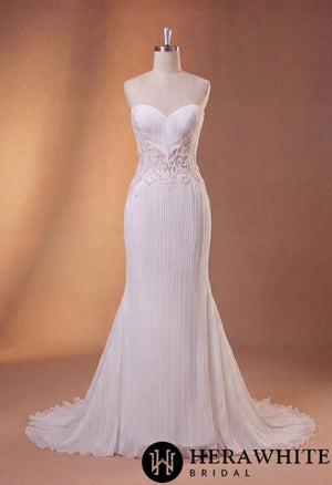 Strapless Mermaid Wedding Gown - Crushed Chiffon Lace HW4098