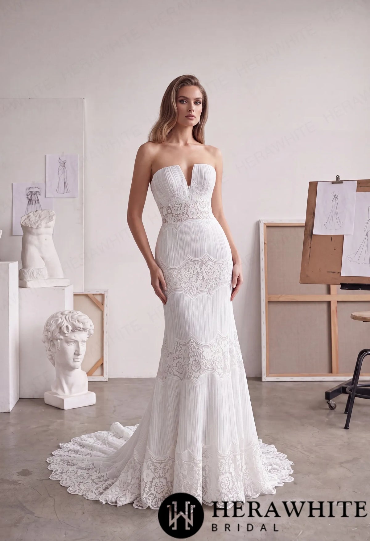 V-Notch Sheath Wedding Dress - Scalloped Floral Lace HW4099
