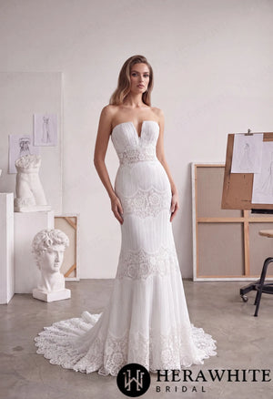 V-Notch Sheath Wedding Dress - Scalloped Floral Lace HW4099